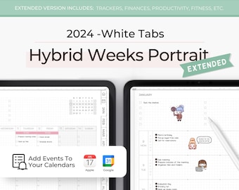 2024 Digital Planner GoodNotes, 2024 Digital Agenda, 2024 Digital Planner with Google Calendar Links, 2024 Portrait Digital Planner, White