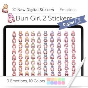 Pegatinas Digitales De Emociones, Pegatinas De Personajes Digitales, Pegatinas Planificadoras De Emociones, Pegatinas Emoji GoodNotes, Emoti Digital, Bun Girl 2