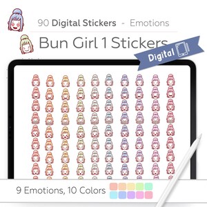 Puede incluir: 90 pegatinas digitales con una niña de dibujos animados con un moño en varios colores y emociones. Las pegatinas están etiquetadas como "Bun Girl 1 Stickers" y "9 Emociones, 10 Colores".