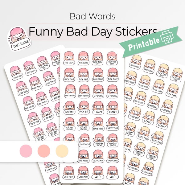Funny Planner Stickers, Bad Words Stickers, Bad Day Stickers, Planner Printable Stickers, Fun Printable Stickers, Character Stickers