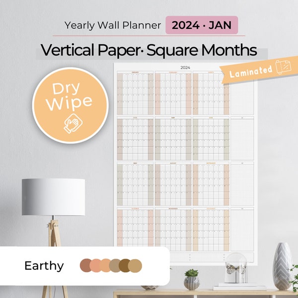 Dry-Erase Calendar 2024, Office Calendar 2024, Wall Calendar Dry-Wipe, Giant Wall Calendar, Squared Months - Earthy - LAMINATED