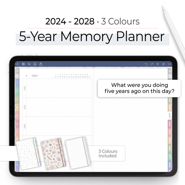 Memory Planner, 5-Years Planner, Digital Memory Planner, Digital Memory Keeper, 2024 to 2028, 12 Tabs in Rainbow, Warm Neutrals and White