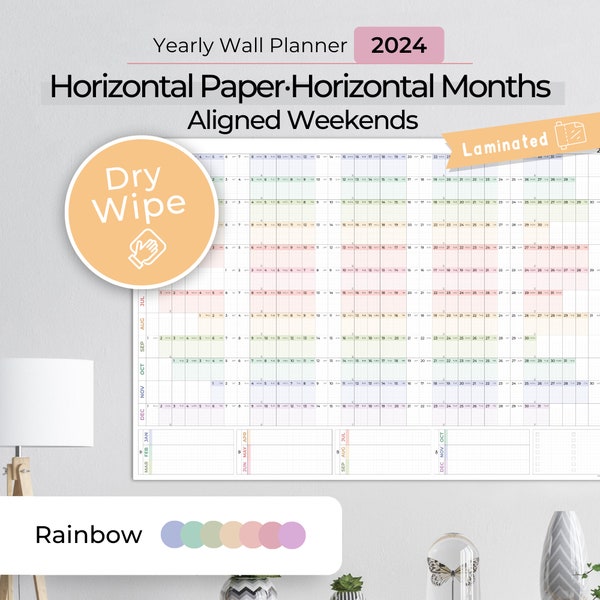 Calendario de borrado en seco, Calendario de pared grande 2024, Calendario de pared de borrado en seco, Calendario de pared gigante, Fines de semana alineados - Arco iris - LAMINADO