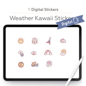 Puede incluir: Una hoja digital de 11 pegatinas kawaii con temática meteorológica. Las pegatinas presentan lindas ilustraciones de un sol, nubes, lluvia, arcoíris y más. Las pegatinas son perfectas para agregar un toque de fantasía a tu planificador, diario u otros proyectos.