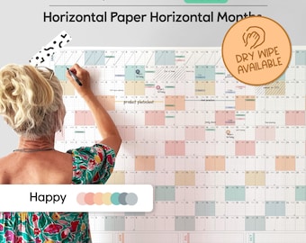 Giant Wall Calendar 2026, Laminated Wall Calendar 2026, Office Wall Calendar, Dry Erase Calendar, Dry Wipe Wall Calendar, Color: Happy