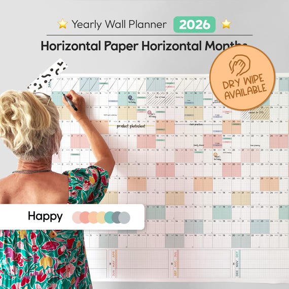 Giant Wall Calendar 2026, Laminated Wall Calendar 2026, Office Wall Calendar, Dry Erase Calendar, Dry Wipe Wall Calendar, Color: Happy