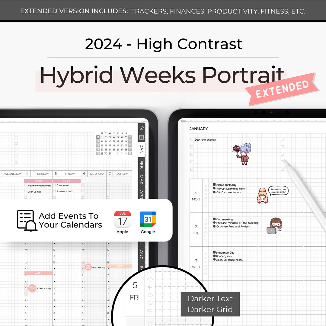 2024 Digital Planner With Google Calendar Links, Digital Planner Allinone, Digital Planner