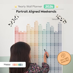 Calendrier mural annuel 2026, calendrier mural 2026, calendrier effaçable à sec, calendrier mural effaçable à sec, portrait aligné le week-end, couleur : Happy