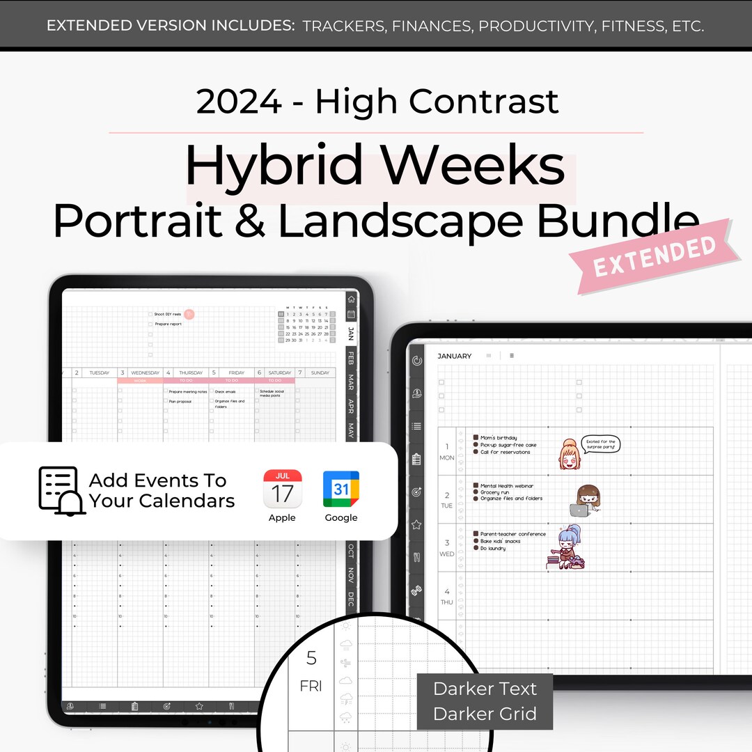 2024 Digital Planner With Google Calendar Links, 2024 Digital Planner Allinone, Digital