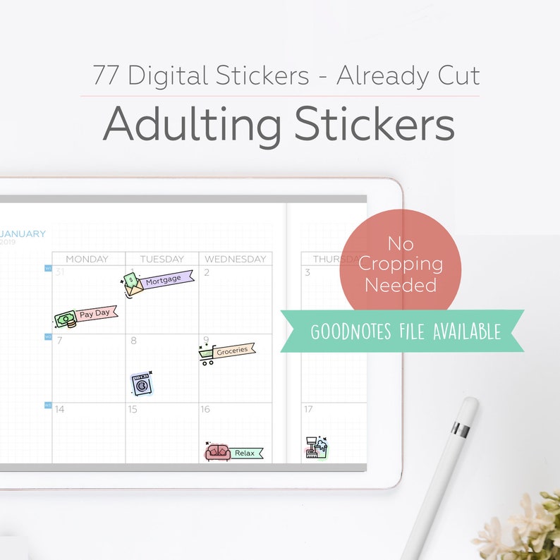 Digital Stickers, Adulting Stickers, Digital Planning, GoodNotes Stickers, Planner Stickers, Digital Planner Stickers, Pre-Cropped Stickers image 1