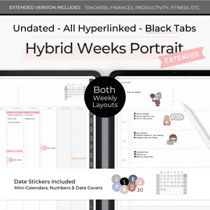 Puede incluir: Una agenda digital con una cubierta negra y un interior rosa y blanco. La agenda presenta una disposición semanal con vistas horizontales y verticales. La agenda incluye pegatinas de fecha, mini calendarios, números y cubiertas de fecha. La agenda no está fechada y tiene pestañas negras. La agenda está hipervinculada e incluye rastreadores, finanzas, productividad, estado físico y más.