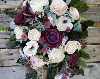 Cascade bouquet with merlot colored wood flowers