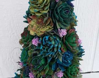 Succulent Christmas Tree made with hand painted wood flowers