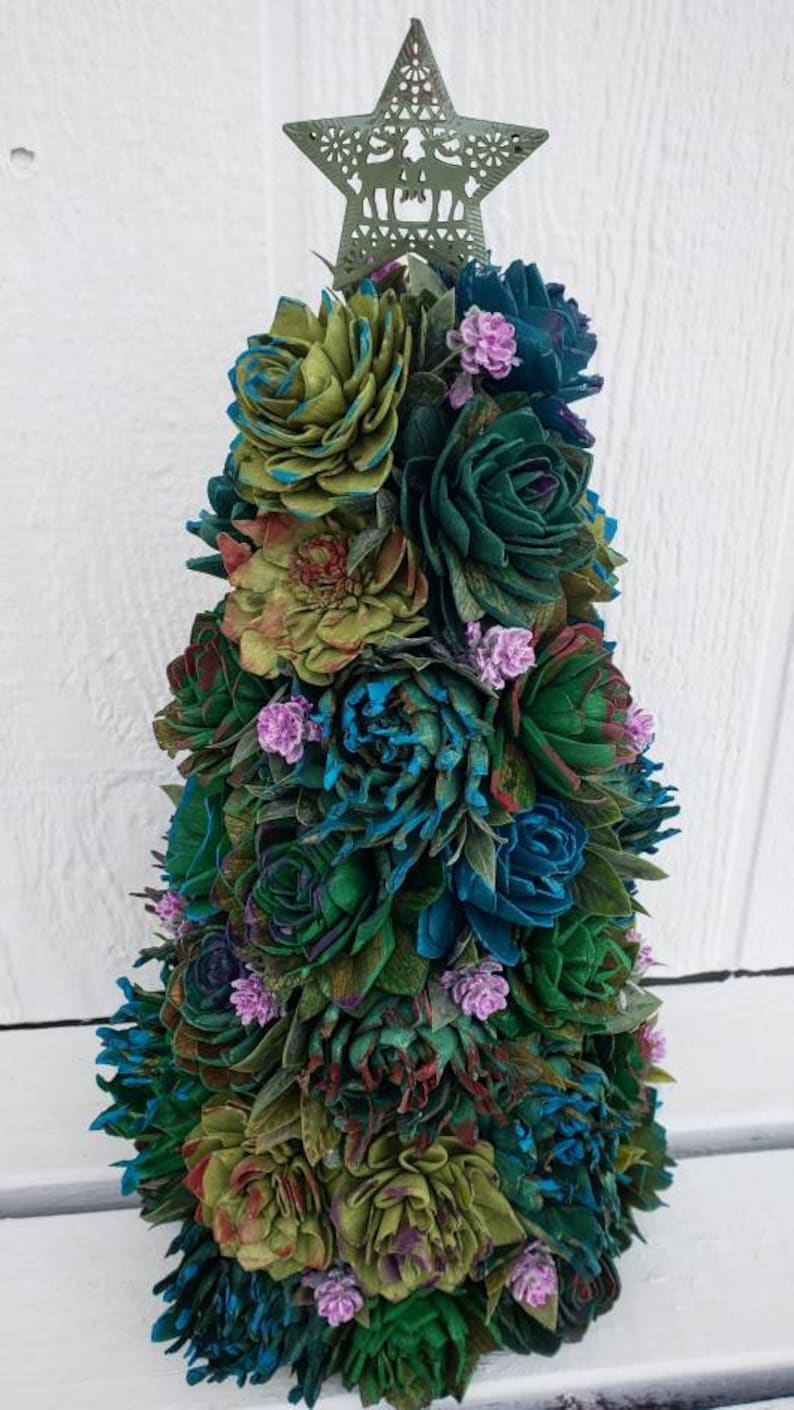 Succulent Christmas Tree made with hand painted wood flowers image 1