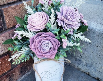 Mason jar floral arrangement. Customize your color of hand painted wood flowers