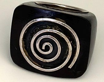 Modernist carved Ebony Wood Ring with Sterling Spiral and Liner