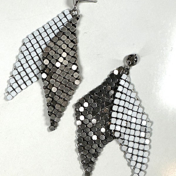 Whiting & Davis silver and white mesh pierced earrings