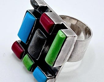 Colorful Multi-Stone Vintage Mexican Sterling Silver Ring