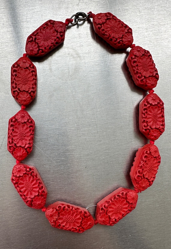 Vintage carved red cinnabar bead necklace