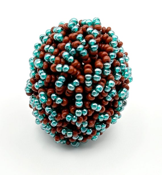 Completely brown and turquoise hand-beaded ring, … - image 3