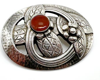 Sterling Silver Georg Jensen Ornate Oval Carnelian Brooch
