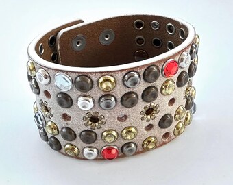 Elegant Isabel Marant Leather Cuff with Mixed Metal Studs and Crystal Embellishments