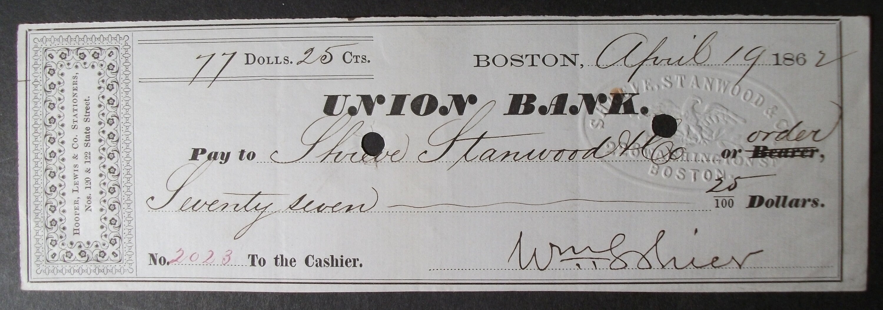 1862 Union Bank Check Boston Massachusetts to Shreve Etsy