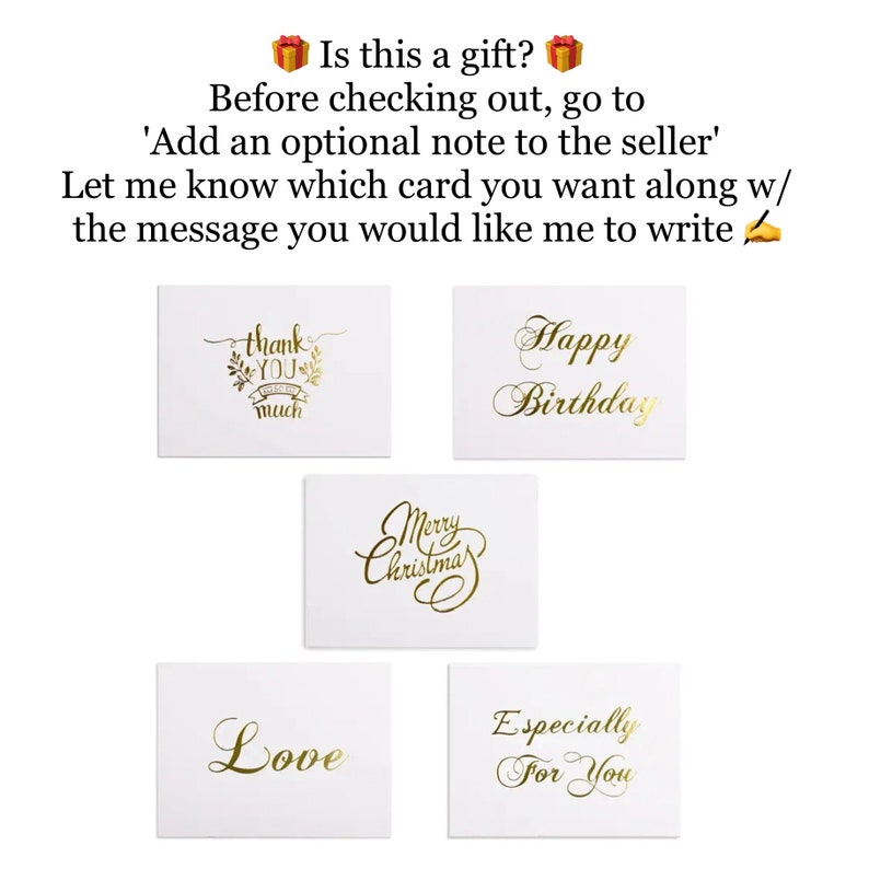 以下が含まれることがあります： 金色の文字が書かれた白いカードが5枚。カードには、「ありがとう」、「愛」、「メリークリスマス」、「お誕生日おめでとう」、「あなただけに」というメッセージが書かれています。