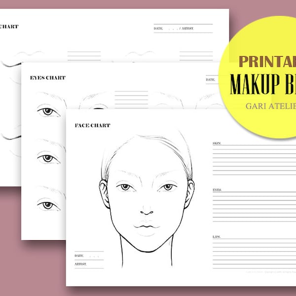 Tableau de visage de maquillage, feuilles de pratique de maquillage imprimables, formulaire de relooking, téléchargement instantané numérique modèle de visage vierge PDF, maquilleur