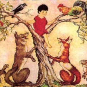 May include: Illustration of a child in a red tunic sitting in a tree with a crow, rooster, and apples. Two foxes and a rabbit are at the base of the tree. The artwork has a vintage, storybook style.