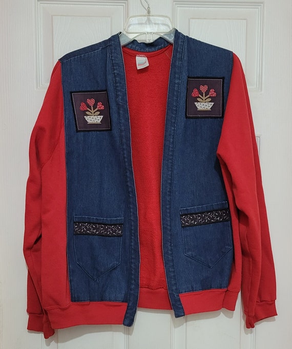 Quilted Patchwork Denim & Red Sweatshirt Jacket ~ 