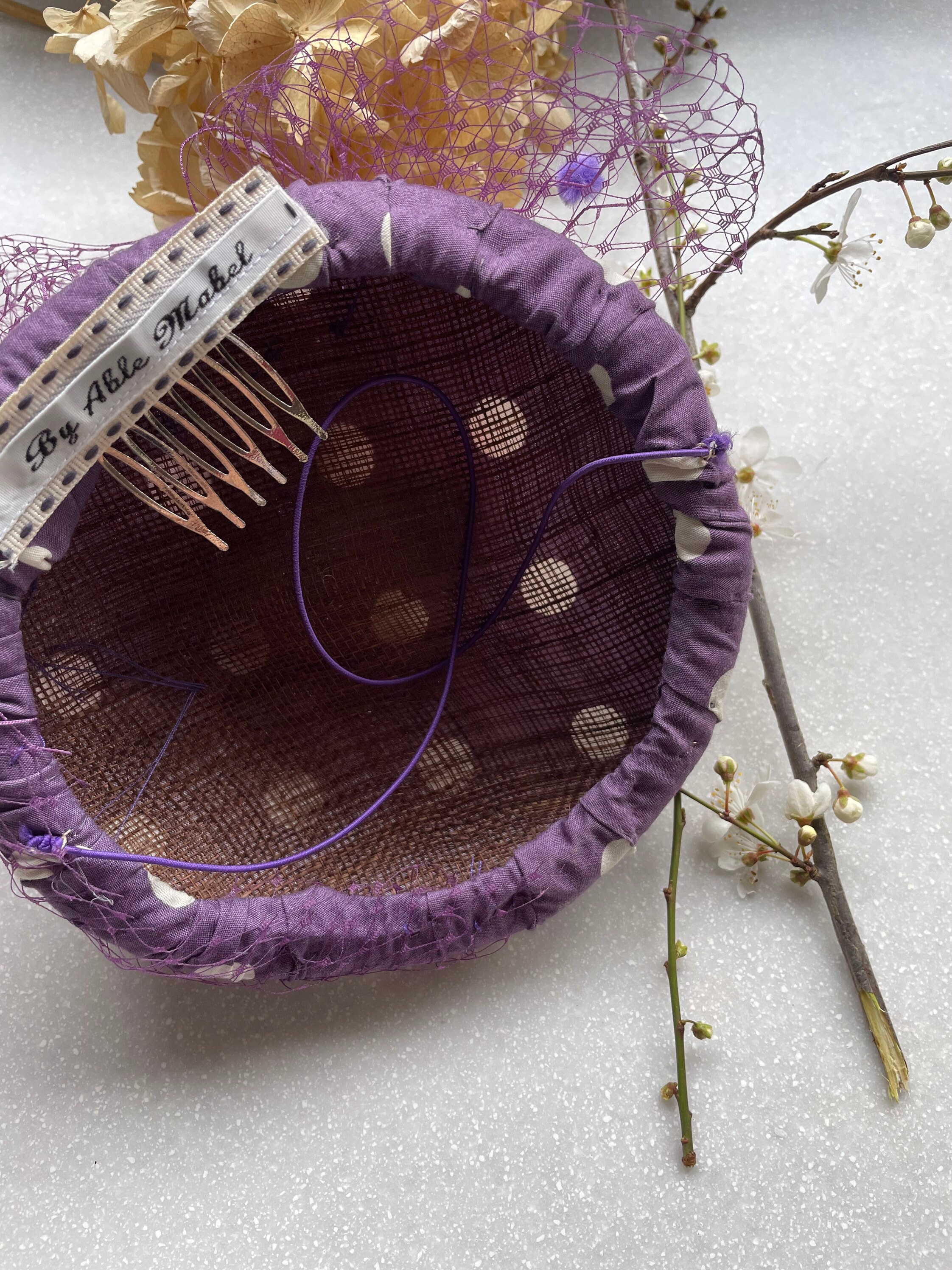 Vintage purple netted veil wool pill box hat Swiss dot mesh Handmade Purple Polka Dot Vintage Inspired Pillbox Hat With  main image 3