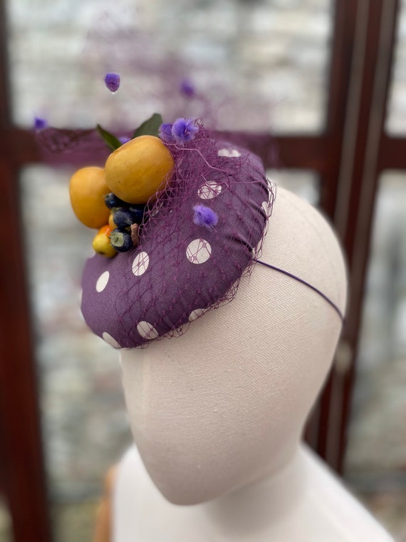 Handmade Purple Polka Dot Vintage Inspired Pillbox Hat With  display picture 1