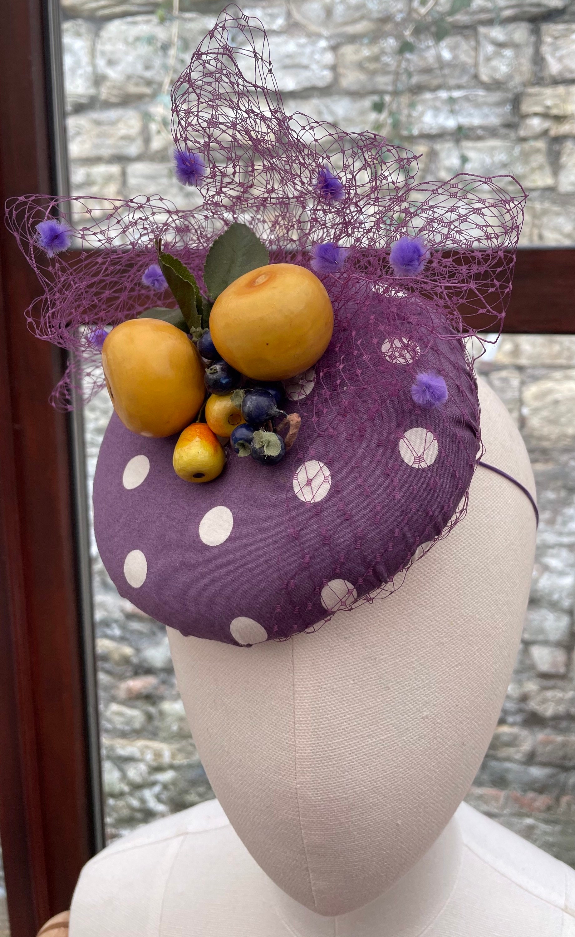 Vintage purple netted veil wool pill box hat Swiss dot mesh Handmade Purple Polka Dot Vintage Inspired Pillbox Hat With  main image 2