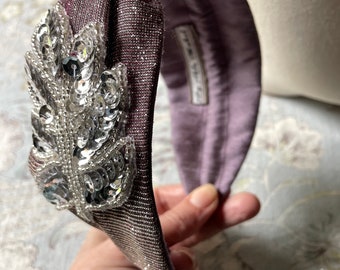 Turban headband in glitter shot fabric with sequin leaf motif/ vintage style headband/ 1940s style headpiece/ silver party headband/festival