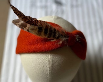 Heritage style orange wool felt headband / ladies stylish chunky Alice band/ pheasant feather  hairband/ wool fabric headband/
