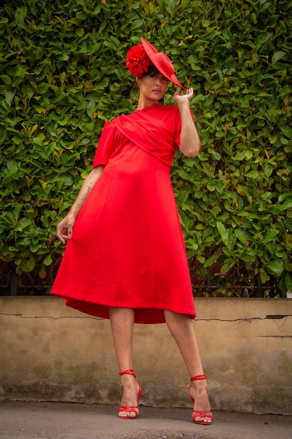 1940s style red dress Handmade 1940s Style Red Drape Dress: Vintage Reproduction