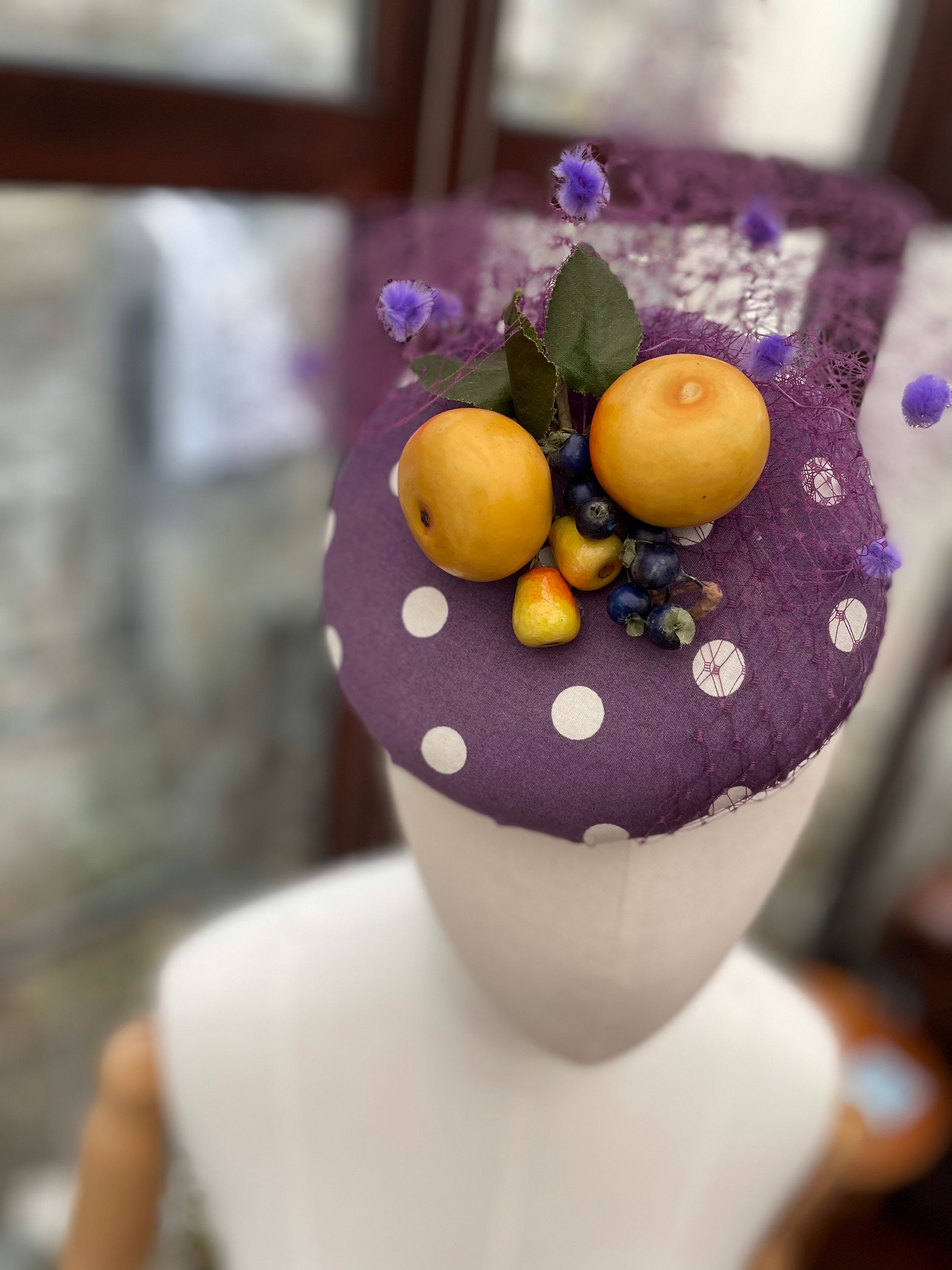 Handmade Purple Polka Dot Vintage Inspired Pillbox Hat With  display picture 1