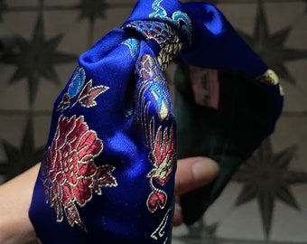 Satin turban headband/ royal blue satin headband/ oriental print headband /evening accessories/ luxury headband/party headband