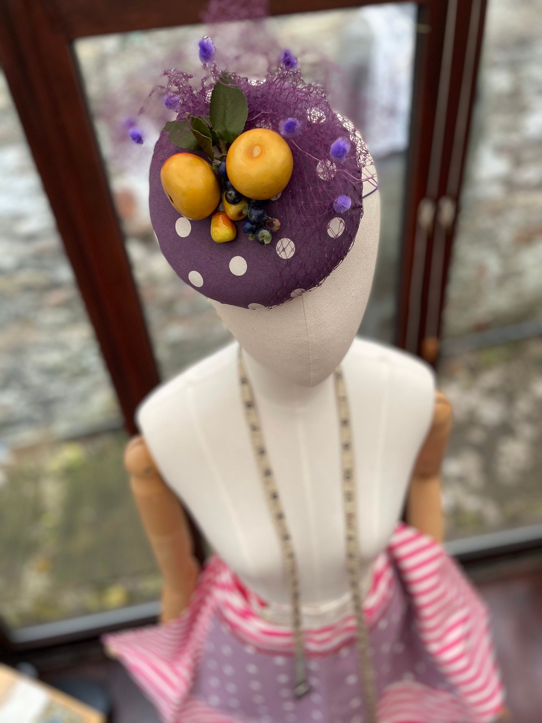 Handmade Purple Polka Dot Vintage Inspired Pillbox Hat With 