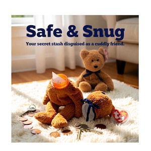 May include: Two brown plush teddy bears, one intact and one with a detachable head revealing an orange plastic container inside. The text Safe & Snug Your secret stash disguised as a cuddly friend is visible. Metal keys and copper coins are scattered.
