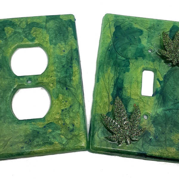 Light Switch and Outlet Covers Set 3D Leaf Glitter Green - Weed Marijuana- Design Plastic Covers - 420 Stoner Apartment Home Decor