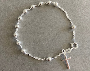 Sterling Silver Rosary 4mm Ball with Cross Chain Bracelet - Sterling Silver