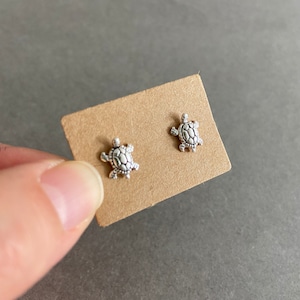 May include: A pair of silver turtle stud earrings on a brown card.