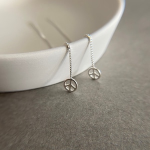 Silver Peace Sign Thread Earrings - Sterling Silver