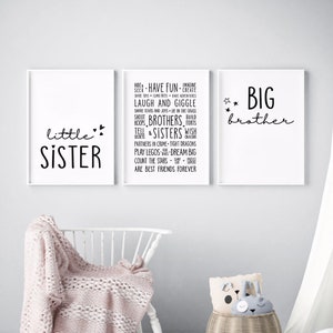 Siblings Printable Art, Little Sister, Big Brother, Set of 3 Printable Posters, Shared Room ...