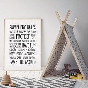 Superhero Rules Printable Poster, Kids Wall Art, Inspirational Childrens Poster, Empowering Toddler Gift,  Black And White Printable Art