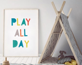 Play All Day Printable Poster, Rainbow Playroom Decor, Nursery Decor, Kids Room Decor, Playroom Poster, Kids Wall Art, Watercolor Poster