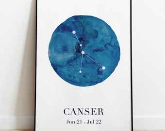 Cancer Zodiac Sign, Zodiac Poster, Watercolor Navy Blue, Digital Wall Art, Astrology Prints, Watercolor Navy Blue Night, Instant Download