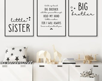 Set aus 3 Pintable Poster, Big Brother, Little Sister, Hold My Hand Big Brother, geteiltes Raumdekor, Kinder Raumdekor, sofortiger Download